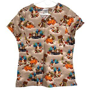Scrubstar Womens Thanksgiving Turkey Print Scrub Top M 100% Cotton